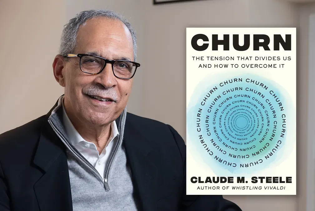 Collage of Claude Steele and the cover of his book, Churn