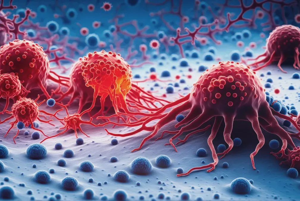 Illustration of red cancer cells in a blue background