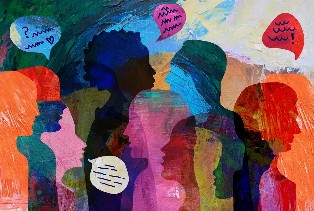 an illustration with colorful overlapping silhouettes of different people