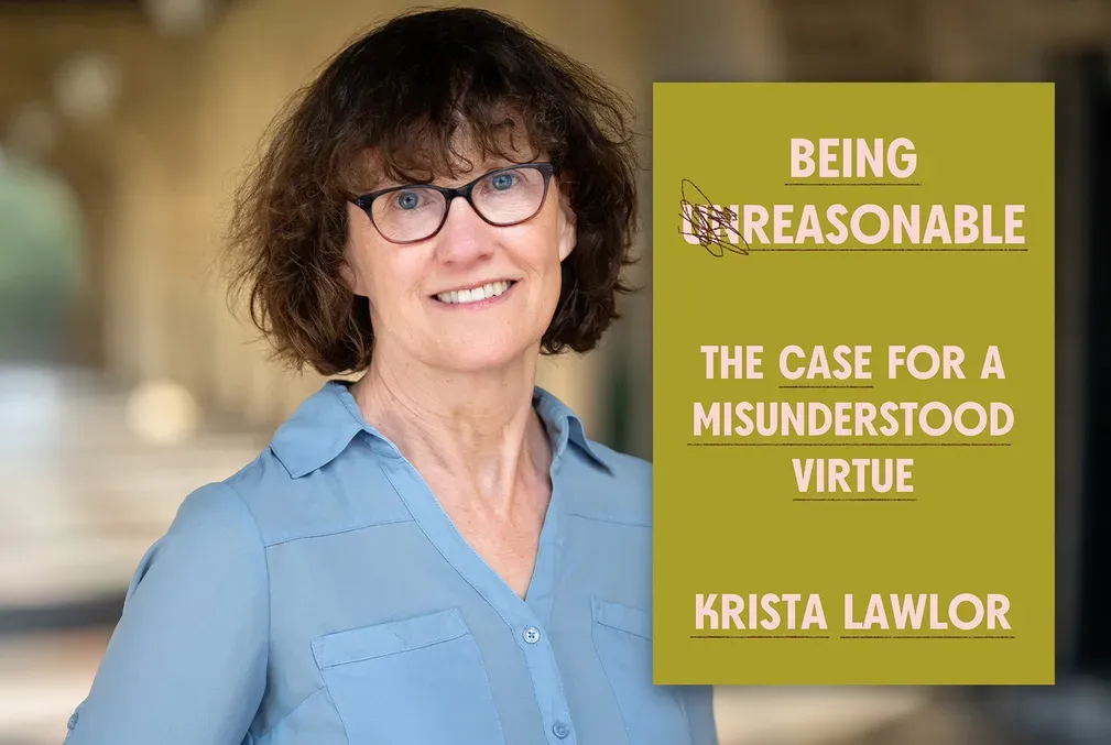 Collage of Krista Lawlor and the cover of her book Being Reasonable