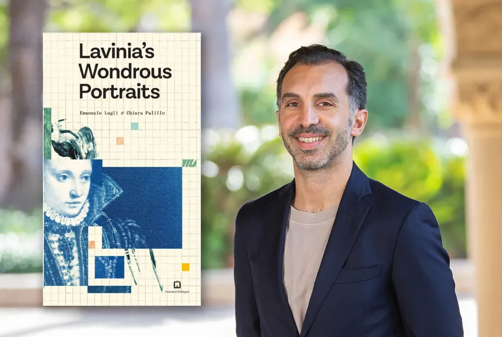 Collage of Emanuele Lugli and the cover of Lavinia's Wondrous Portraits