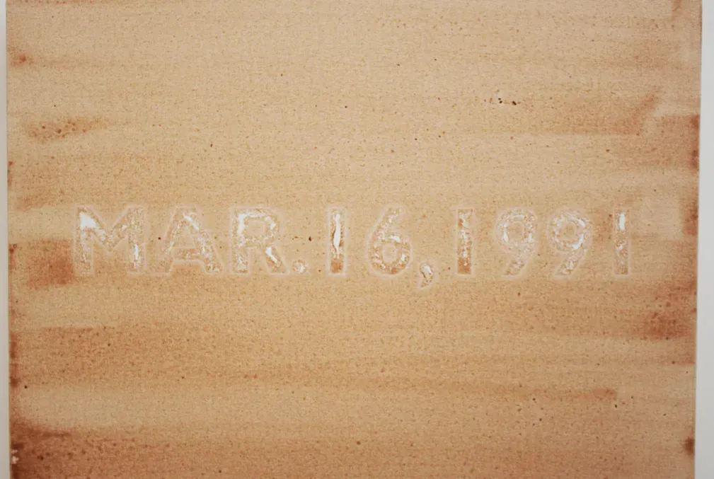 A horizontal canvas covered by orangish brown streaks and the date Mar. 16, 1991 prominently stamped in the middle
