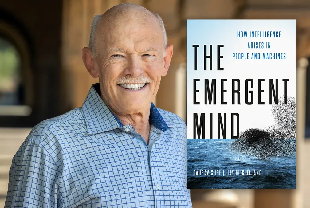 Collage of Jay McClelland and the cover of the Emergent Mind