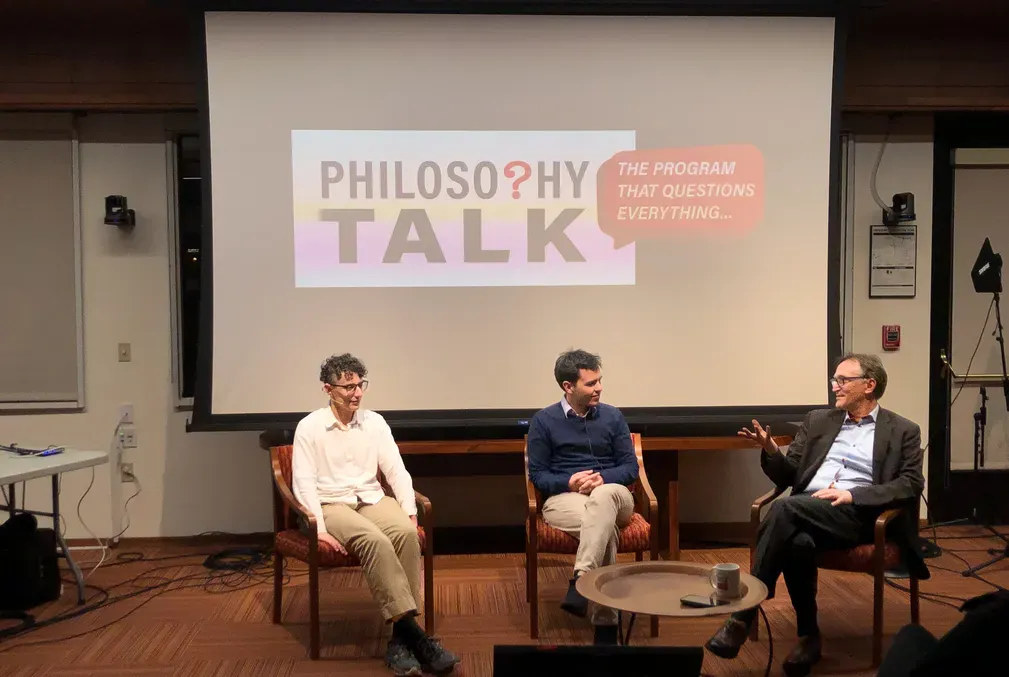 From left: Ray Briggs, Julian Jara-Ettinger, and Joshua Landy talk