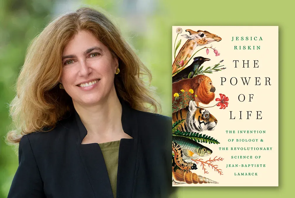 Collage of Jessica Riskin and the cover of The Power of Life