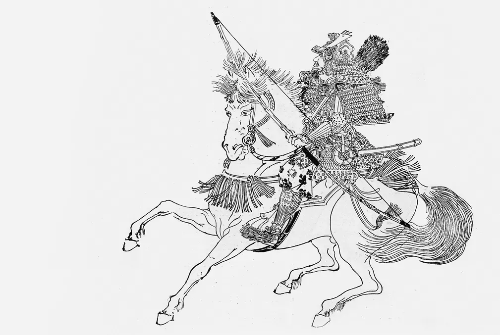 Black and white illustration of samurai on horseback